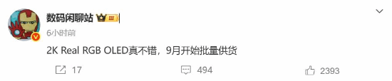 手机屏幕史诗级升级？曝2K Real RGB OLED 9月出货