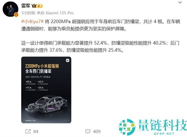 小米YU7官宣6月底发布！雷军：4门搭载4根2200MPa小米超强钢防撞梁  更耐撞
