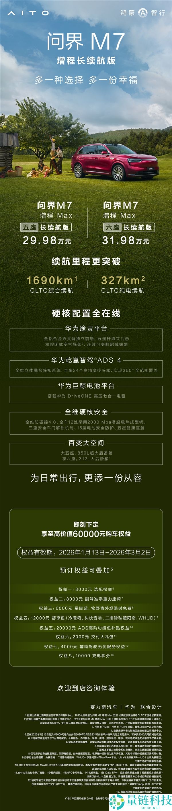 比四驱版廉价2万,问界M7增程长续航版上市：29.98万起