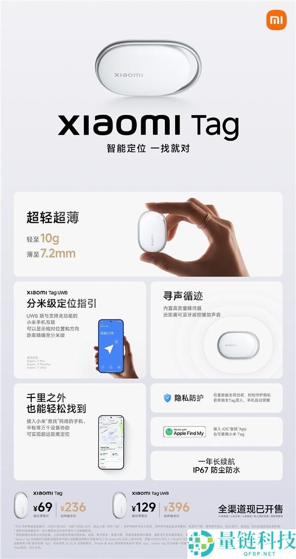 小米推出Xiaomi Tag国行版,BLE蓝牙版69元、UWB版129元