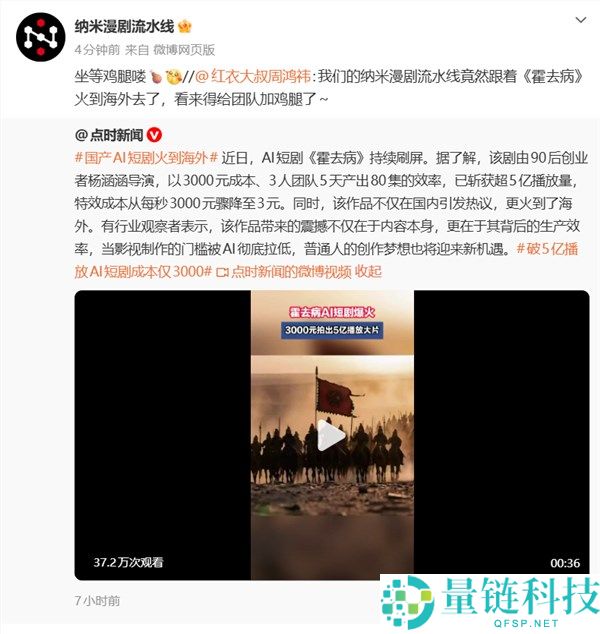 国产AI短剧《霍去病》火到海外 播放量超5亿,3000元本钱、3人团队5天产出80集