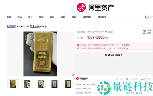 三根1000克金条拍出323万：每克低于市场价超300元,