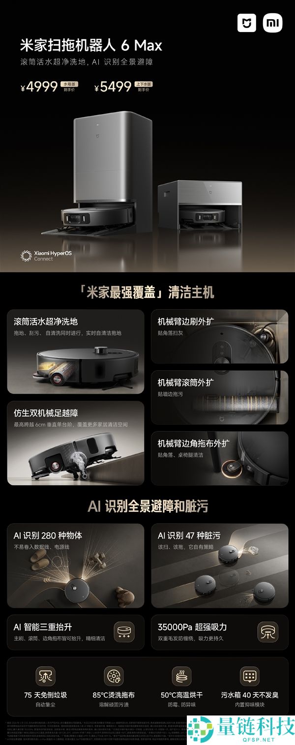 小米史上最强,米家扫拖机械人6 Max开售：4999元起