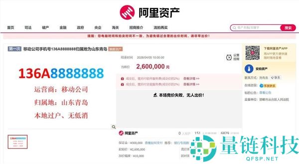 尾号 8888888 手机靓号 260 万起拍流拍！月租仅 18 元引关注