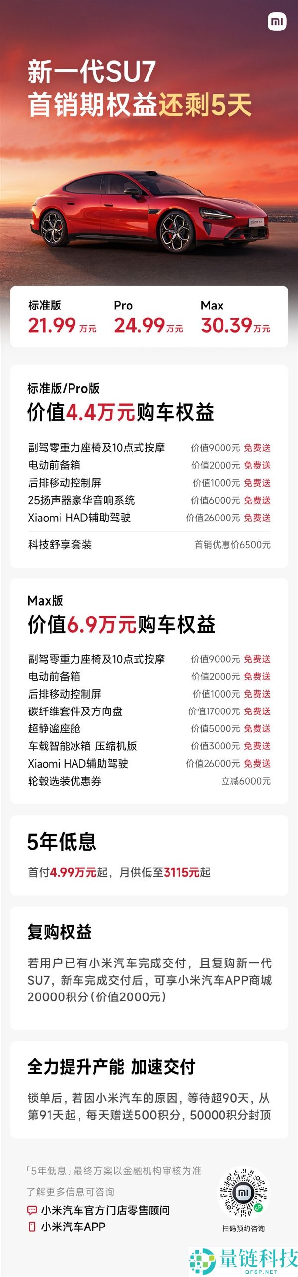 小米 SU7 首销权益倒计时 4 天！价值 6.9 万元收费配置免费赠送