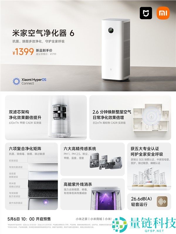 小米米家空气净化器 6 发布：1399 元双滤芯设计，3 倍高效除甲醛