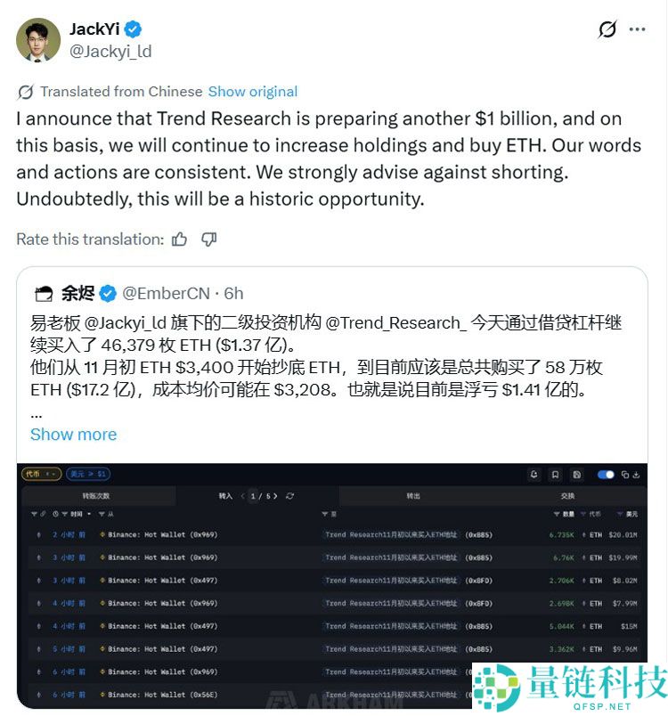 Trend Research 成以太坊最大持币者：豪掷买入 4.6 万枚 ETH