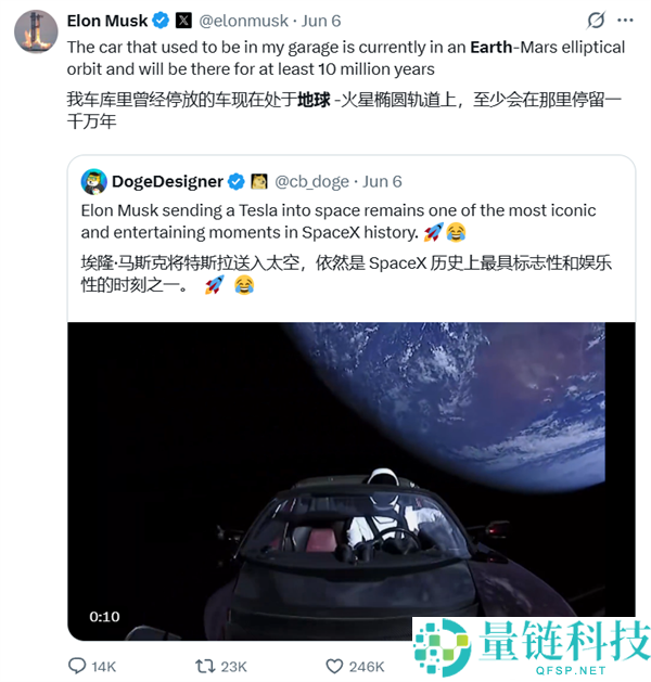马斯克透露：我的特斯拉正穿梭火星与地球之间，预计飞行至少1000万年