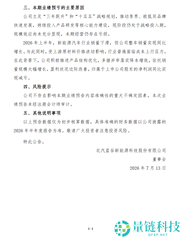 北汽蓝谷上半年预亏17.7亿至19.7亿元,享界仍在战略投入阶段