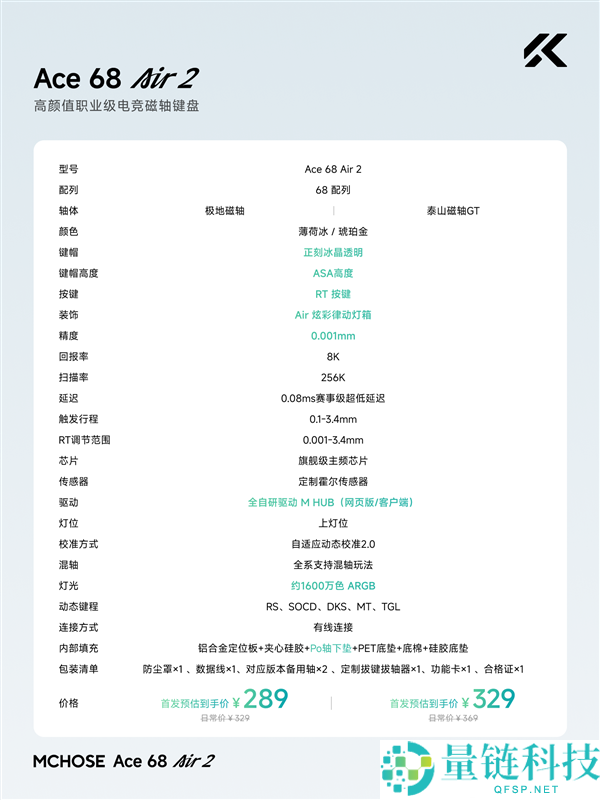 289元迈从Ace 68 Air 2键盘上市,独特冰块键帽设计引关注