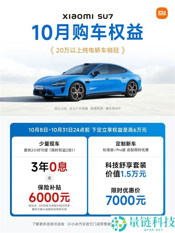 小米汽车10月购车优惠：现车2小时提车、3年0息及6000元保险补助