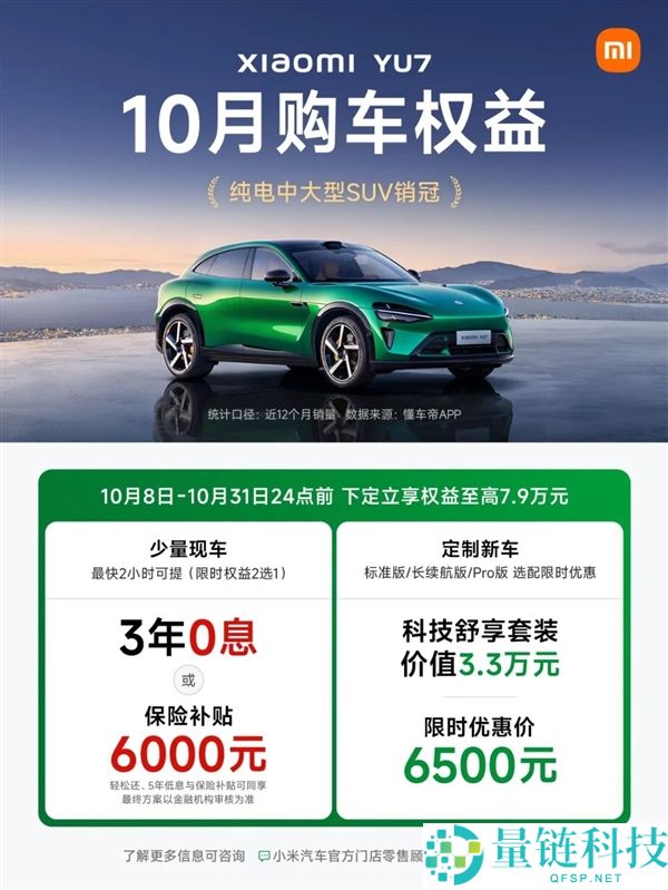 小米汽车10月购车优惠：现车2小时提车、3年0息及6000元保险补助