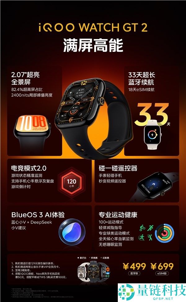499元起,iQOO WATCH GT 2发布,2.07英寸大屏、支撑eSIM