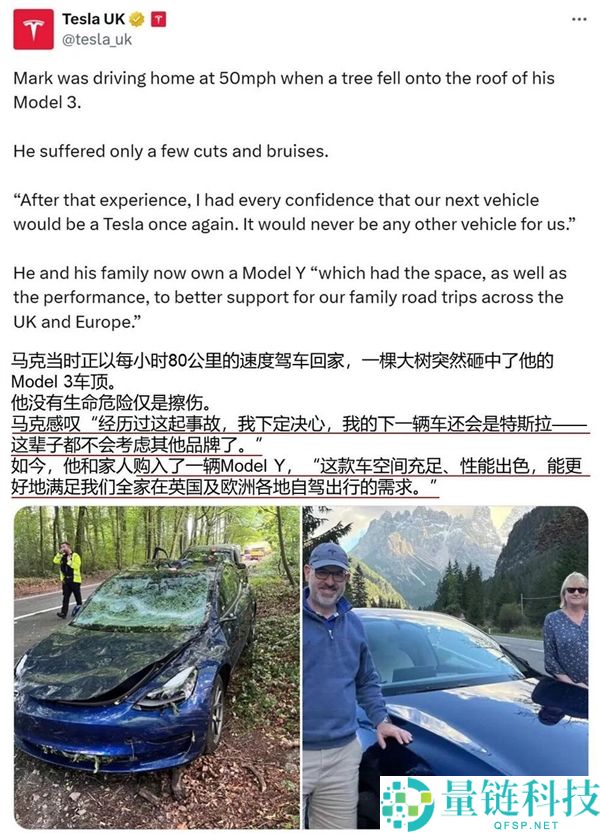 特斯拉Model 3被大树砸中护住乘员保险 车主又提新车支撑马斯克