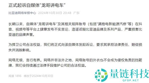 比亚迪：“龙哥讲电车”假造传达子虚信息 一审讯赔200万,