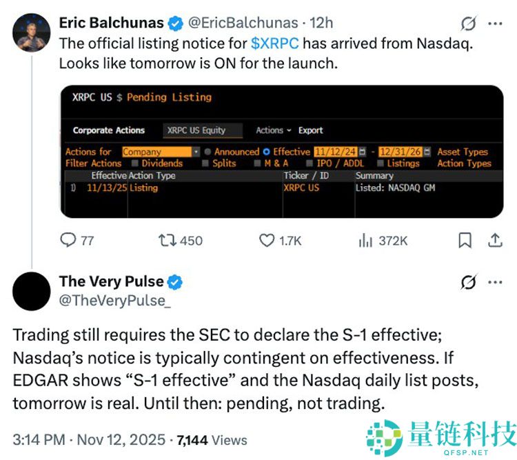 喜报社区预计首只美国现货瑞波币（XRP）ETF将于周四上线