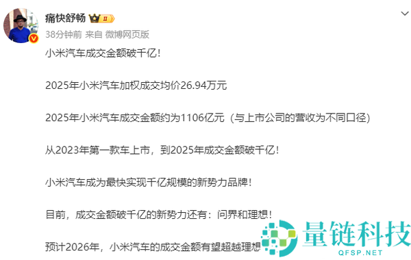 音讯称2025年小米汽车成交金额超千亿：成交均价26.94万元