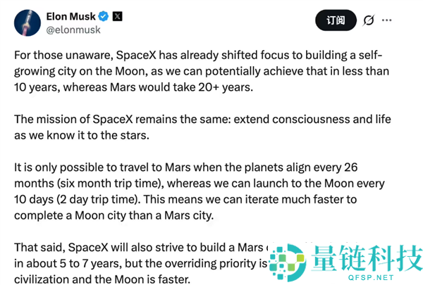 马斯克：我已将重心转移到在月球建造城市 10年内有望完成