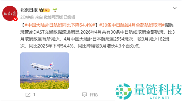 30 条中日航路全数作废！4 月大陆赴日航班同比暴跌 54.4%