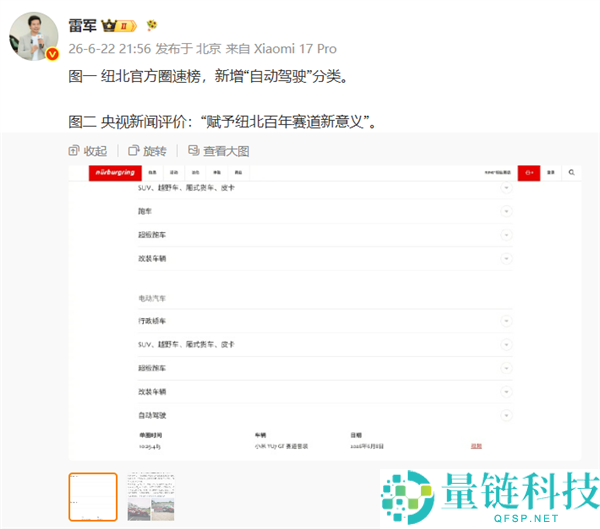 小米YU7 GT创新赛道：纽北官方圈速榜新增主动驾驶分类