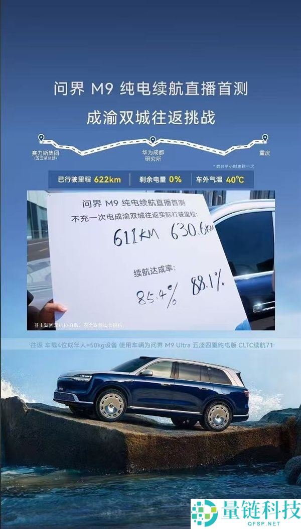 全新问界M9成渝双城实测：纯电续航超630km，达成率高达88%