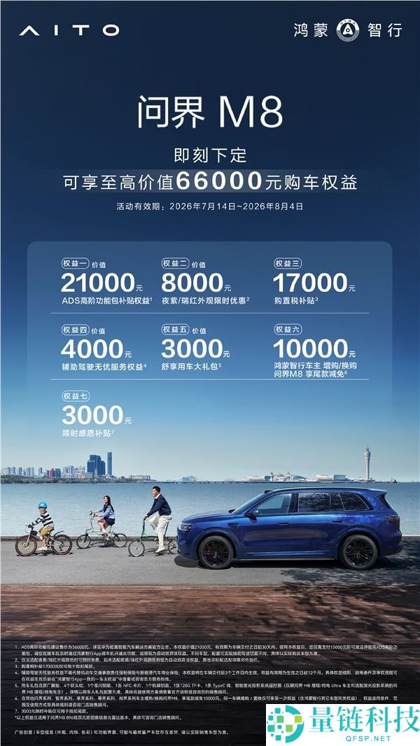 问界M8发布7重购车权益，最高可省6.6万元，涵盖智驾、置换及购置税优惠