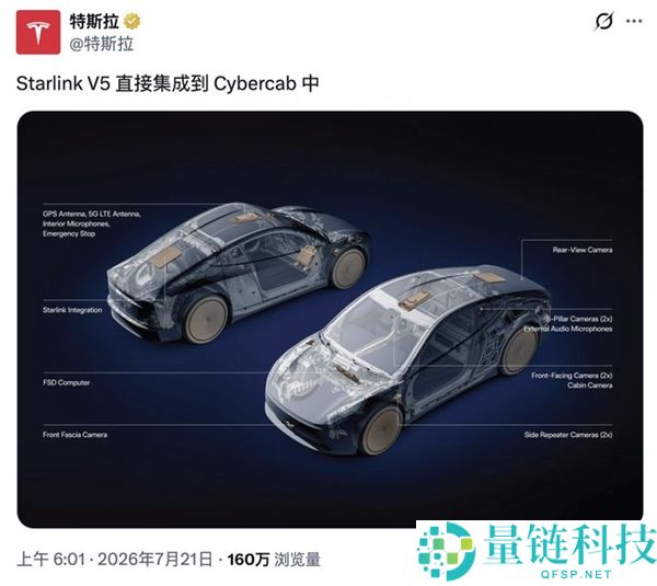 特斯拉Cybercab将接入星链：实现车内太空互联网连接