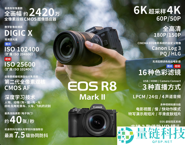 佳能发布EOS R8 Mark II：2400万像素全画幅相机首次支持机身防抖功能